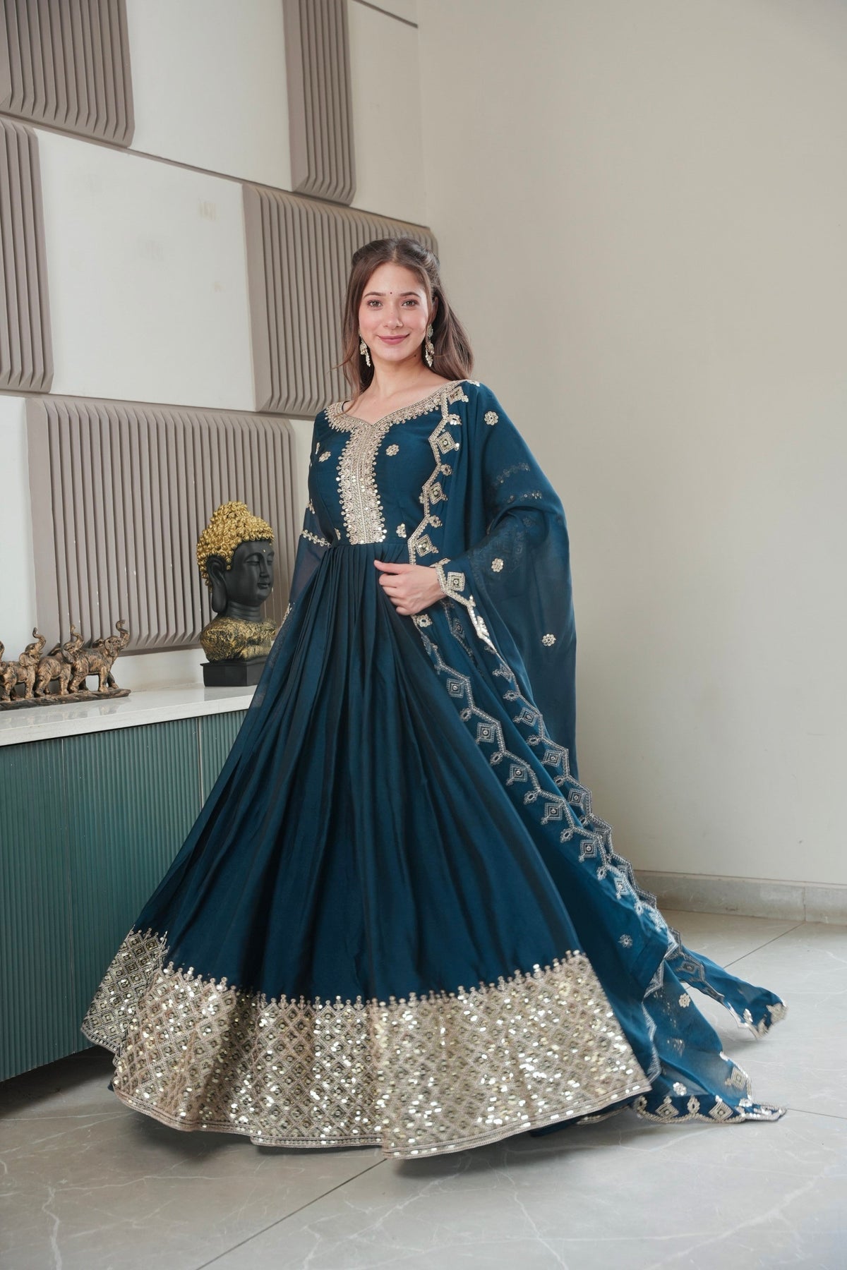 Lorenvalley Fashion Rama Noha Crush Silk with Embroidery Threads & Sequins Work Anarkali Gown with Dupatta