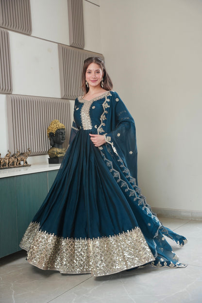 Lorenvalley Fashion Rama Noha Crush Silk with Embroidery Threads & Sequins Work Anarkali Gown with Dupatta
