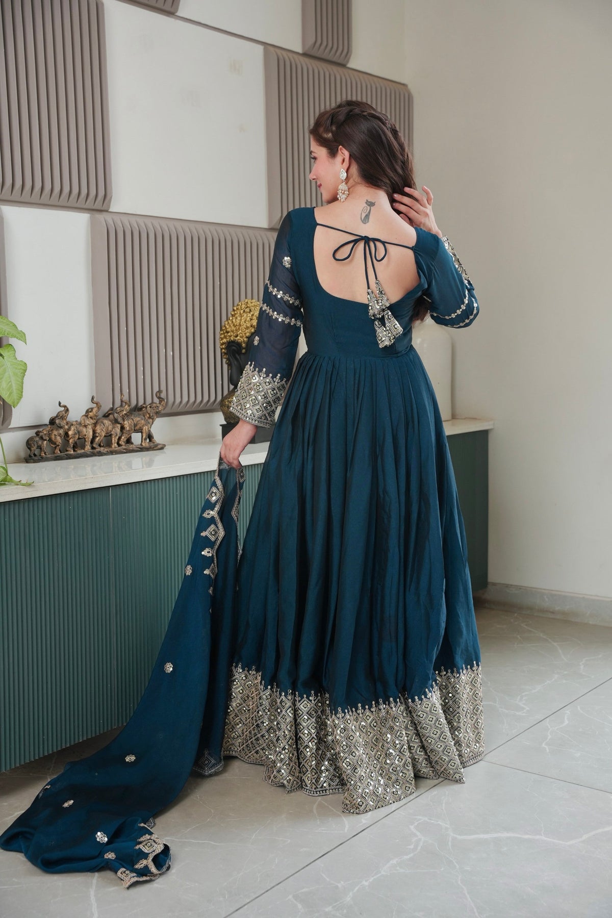 Lorenvalley Fashion Rama Noha Crush Silk with Embroidery Threads & Sequins Work Anarkali Gown with Dupatta