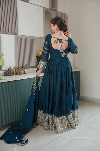 Lorenvalley Fashion Rama Noha Crush Silk with Embroidery Threads & Sequins Work Anarkali Gown with Dupatta