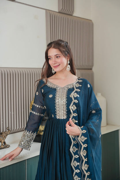 Lorenvalley Fashion Rama Noha Crush Silk with Embroidery Threads & Sequins Work Anarkali Gown with Dupatta