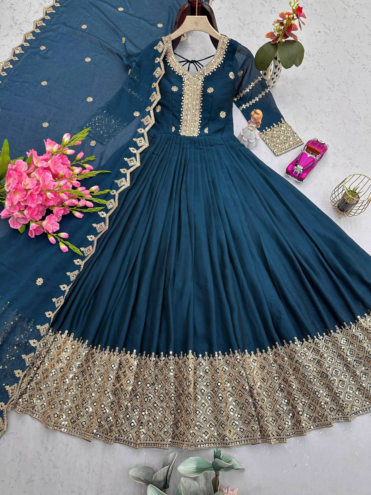 Lorenvalley Fashion Rama Noha Crush Silk with Embroidery Threads & Sequins Work Anarkali Gown with Dupatta
