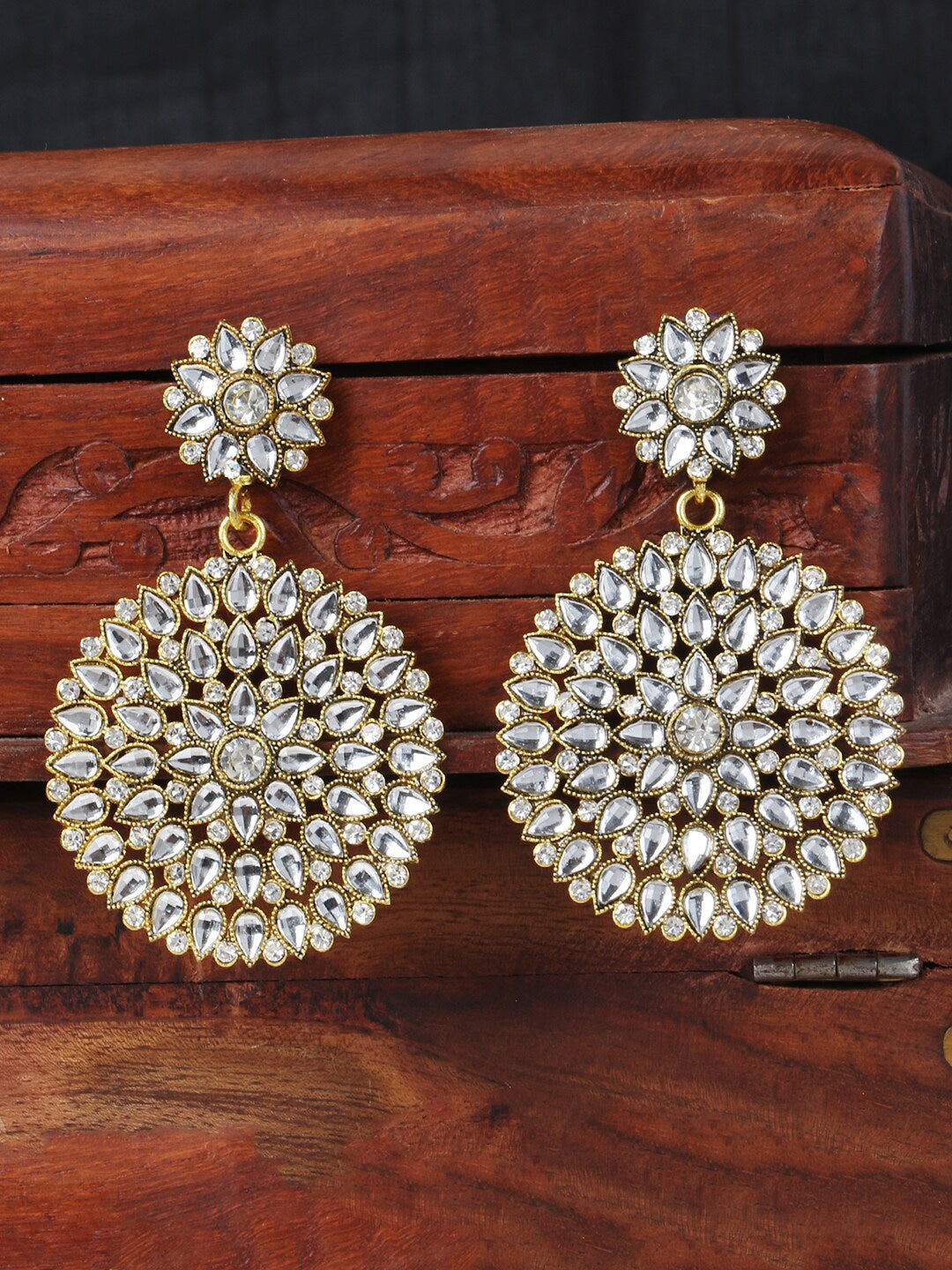 Gold-Polished Alloy Stone Studded Golden Round Earrings - The Pari