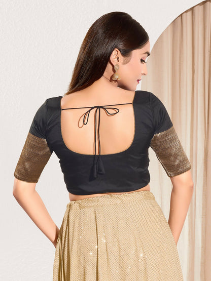 Joban Fashion Black Taffeta Silk Padded Blouse With Round Neck Elbow Sleeves