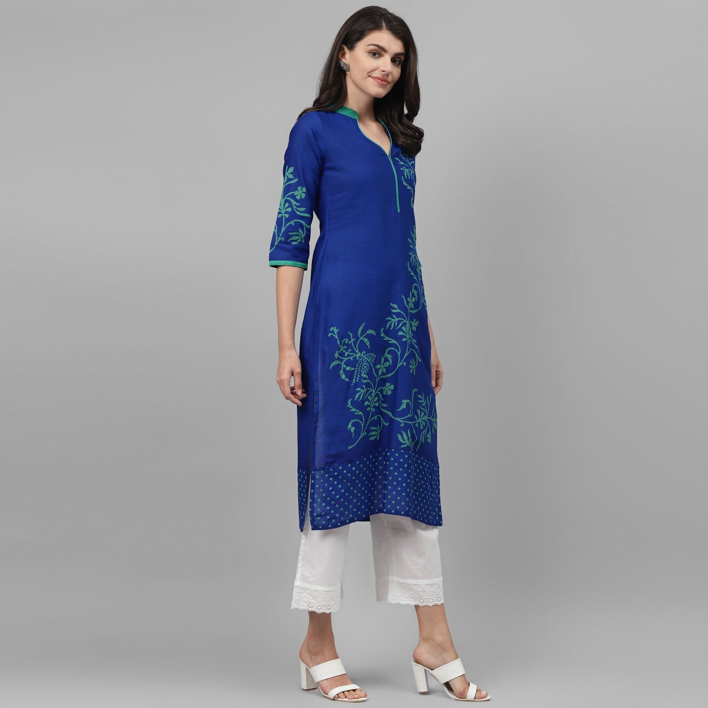 Maai Rayon Hand Printed Kurta Blue