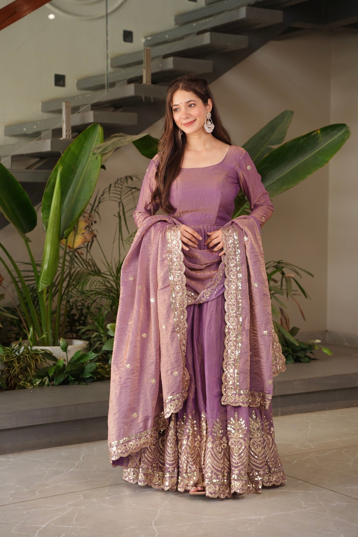 Lorenvalley Fashion Lavender Fendy Satin Embroidery Sequins Work Anarkali Gown with Dupatta