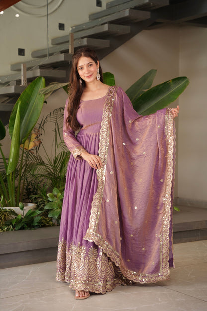 Lorenvalley Fashion Lavender Fendy Satin Embroidery Sequins Work Anarkali Gown with Dupatta