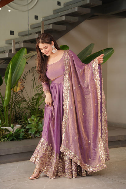 Lorenvalley Fashion Lavender Fendy Satin Embroidery Sequins Work Anarkali Gown with Dupatta