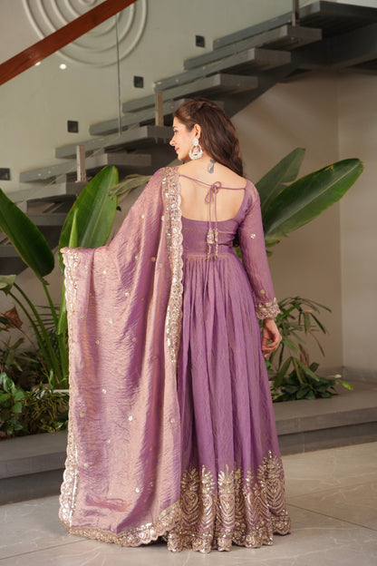 Lorenvalley Fashion Lavender Fendy Satin Embroidery Sequins Work Anarkali Gown with Dupatta