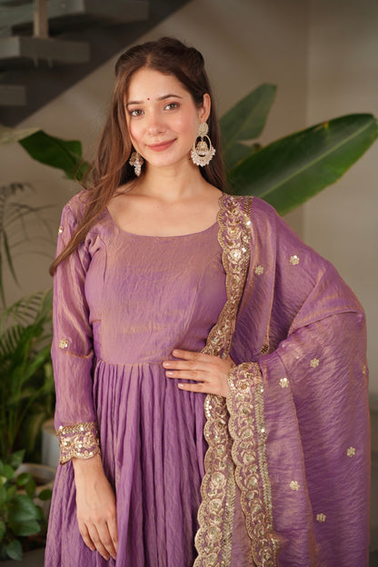 Lorenvalley Fashion Lavender Fendy Satin Embroidery Sequins Work Anarkali Gown with Dupatta