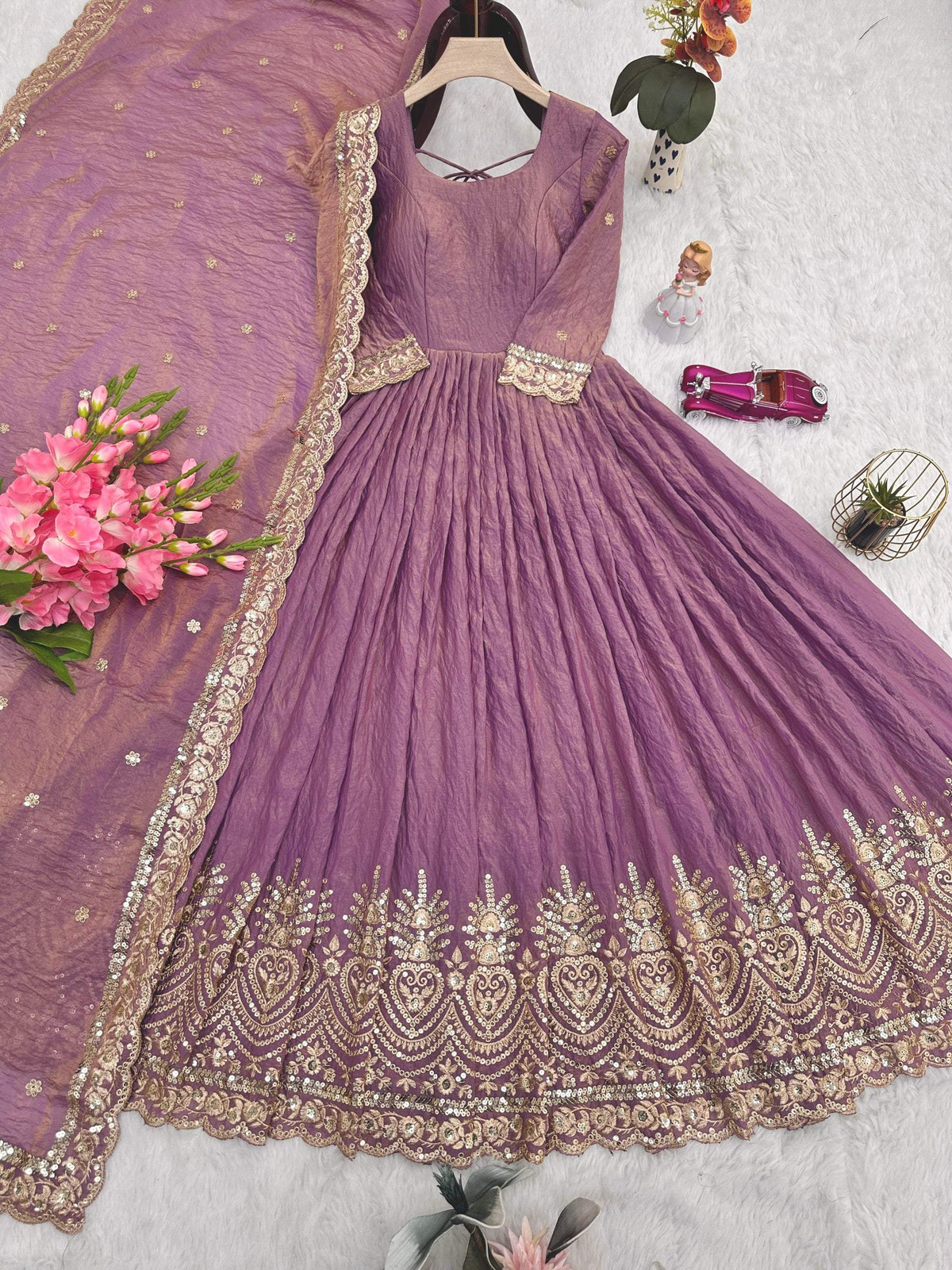 Lorenvalley Fashion Lavender Fendy Satin Embroidery Sequins Work Anarkali Gown with Dupatta