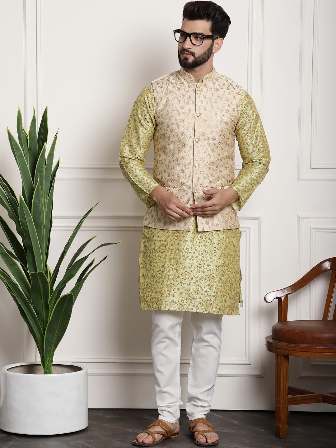 Sojanya Men Lime Green Ethnic Motifs Printed Kurta with Pyjamas & Nehru Jacket