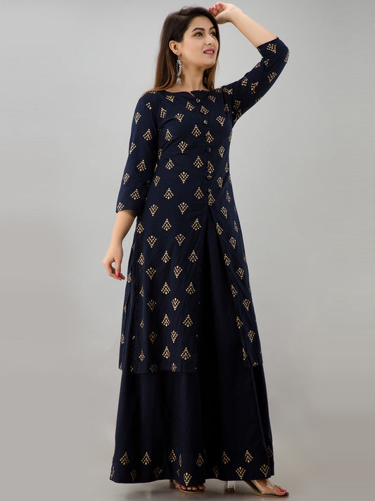 HERE&NOW Navy Blue & Gold-Toned Ethnic Motifs Printed Kurta with Skirt