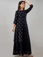HERE&NOW Navy Blue & Gold-Toned Ethnic Motifs Printed Kurta with Skirt