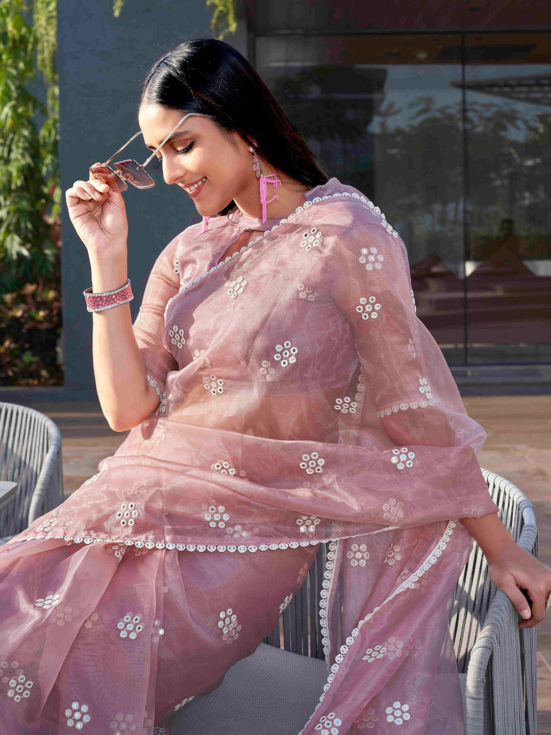 Tikhi Imli Pink Floral Embroidered Mirror Work Organza Saree