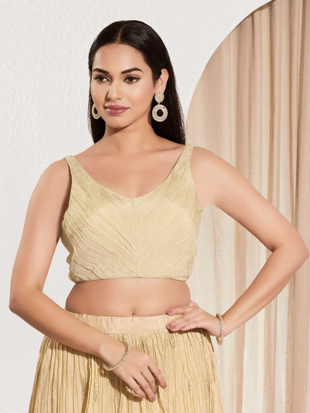 Joban Fashion Cream Tissue Padded Blouse With Sweetheart Neck Sleeveless