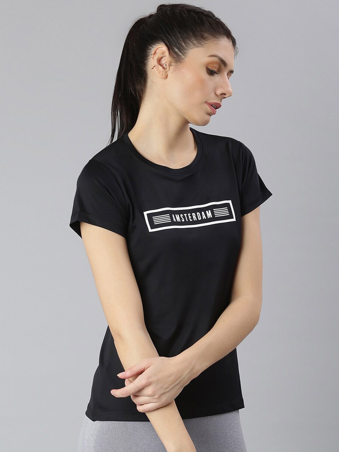 MKH Women Black Typography Printed Round Neck Dri-FIT T-shirt