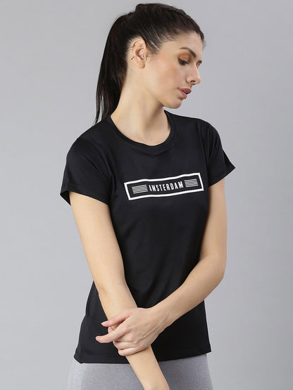 MKH Women Black Typography Printed Round Neck Dri-FIT T-shirt