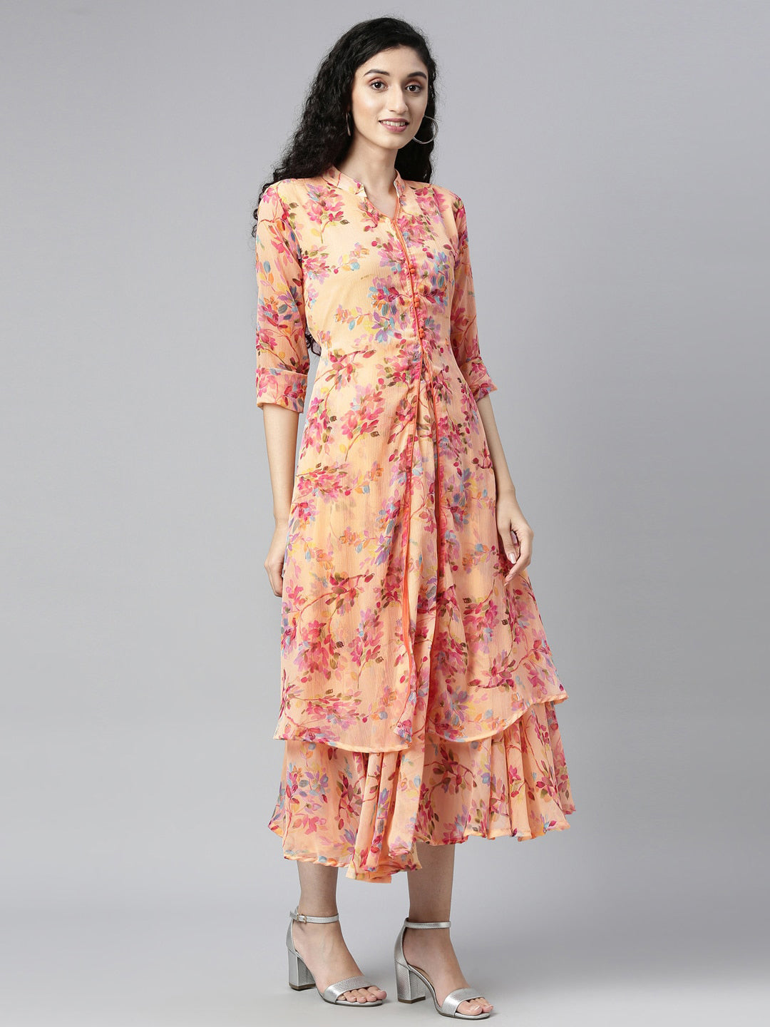 Souchii Peach-Coloured Floral Layered Chiffon Beautiful A-Line Midi Dress