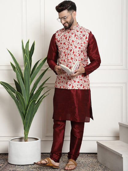 Sojanya Men Maroon & Beige Self Design Kurta with Churidar & Nehru Jacket