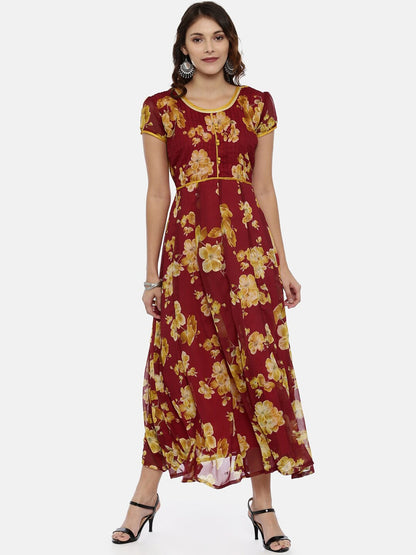 Souchii Maroon Printed Maxi Dress