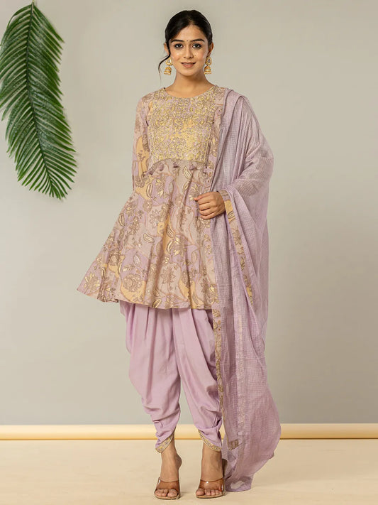 Yufta Purple Cotton Peplum Dhoti Dupatta Set