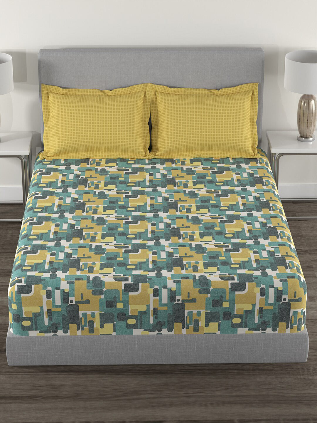 MYTRIDENT Yellow Green Printed Cotton 144 TC Queen Bedsheet With 2 Pillow Covers