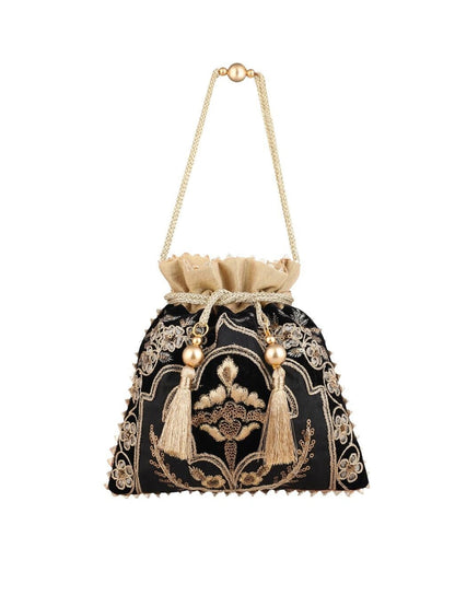 Masq Black & Gold-Toned Embellished Embroidered Potli Clutch