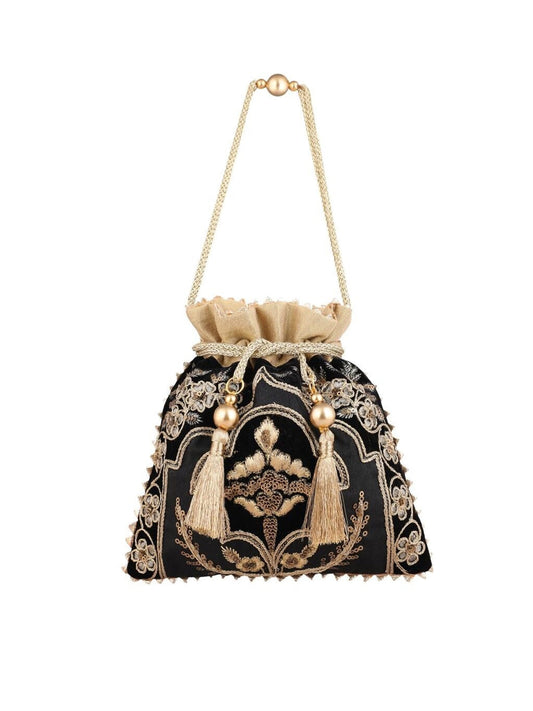 Masq Black & Gold-Toned Embellished Embroidered Potli Clutch