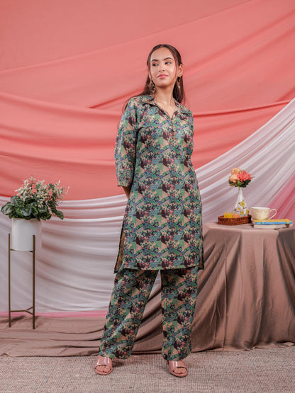 Yufta Cotton Digital Printed Blue Workwear Kurta Co Ord Set With Pintuck Detailing