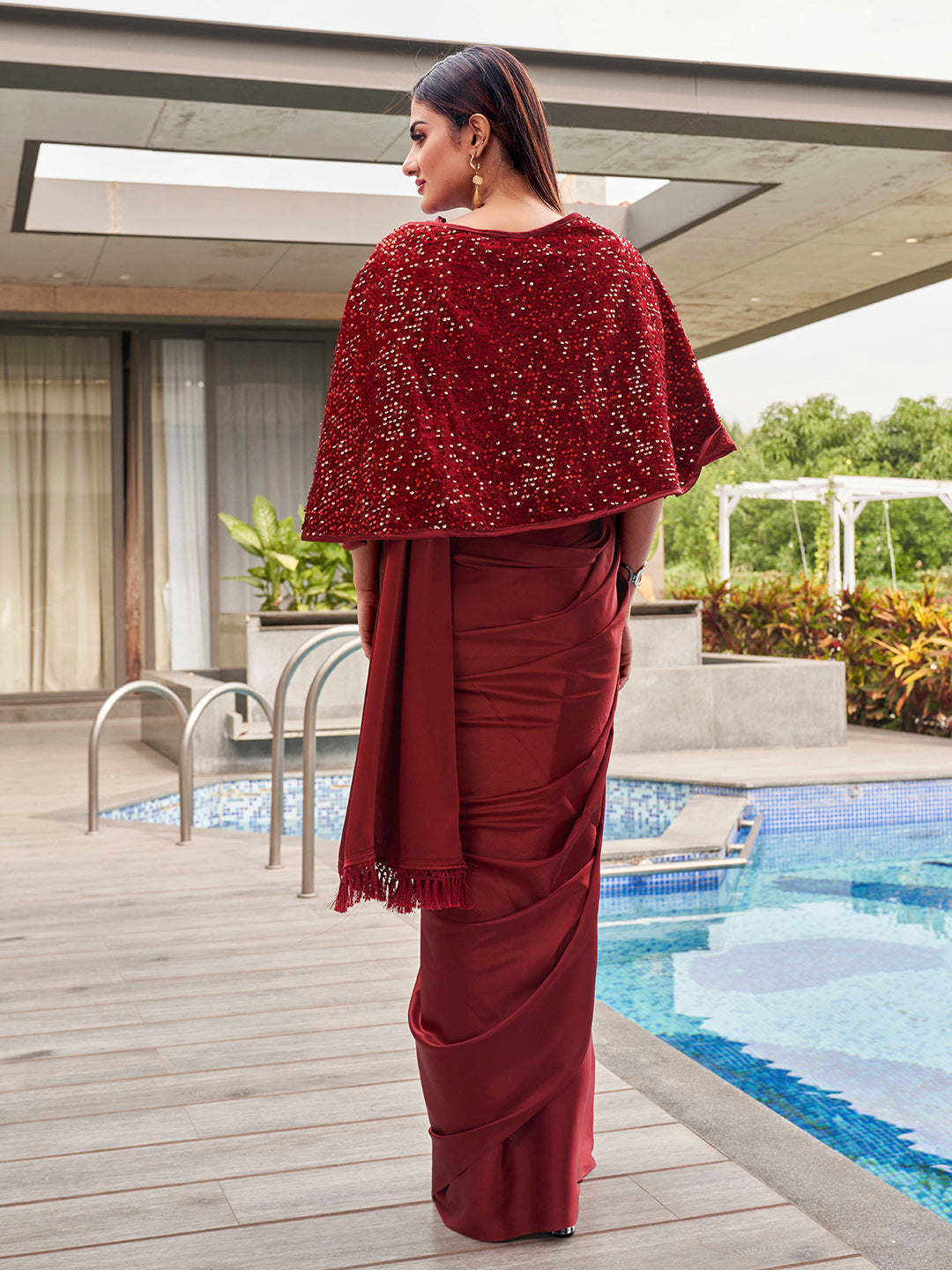 Tikhi Imli Party Satin Saree With Sequined Cape