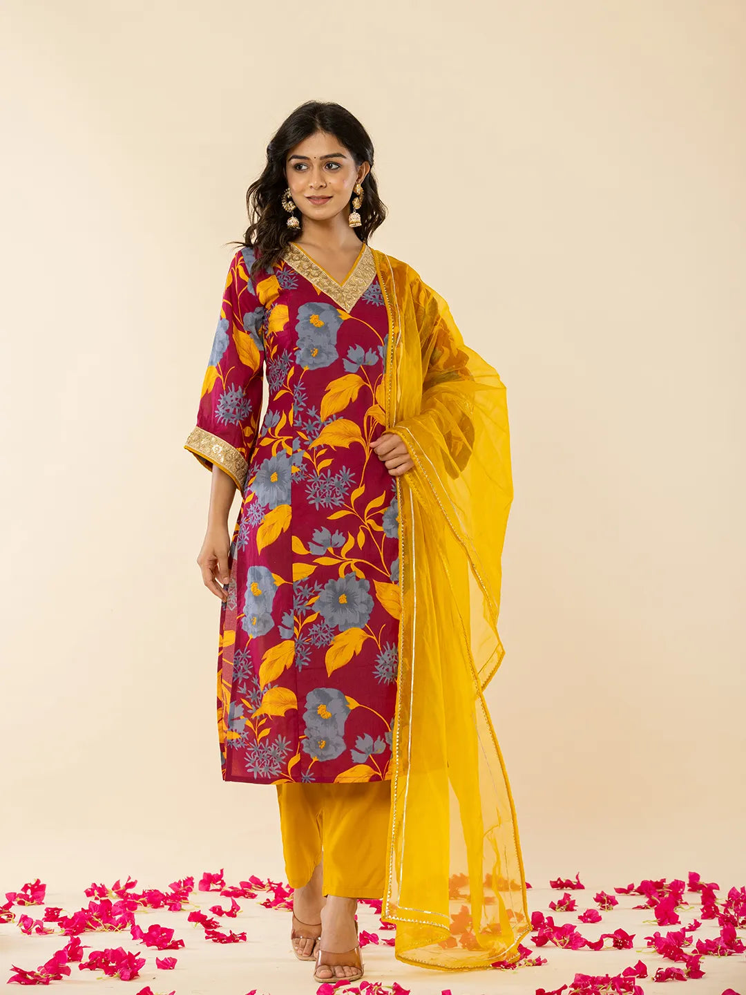 Yufta Cotton Burgundy Kurta Pant Dupatta Set