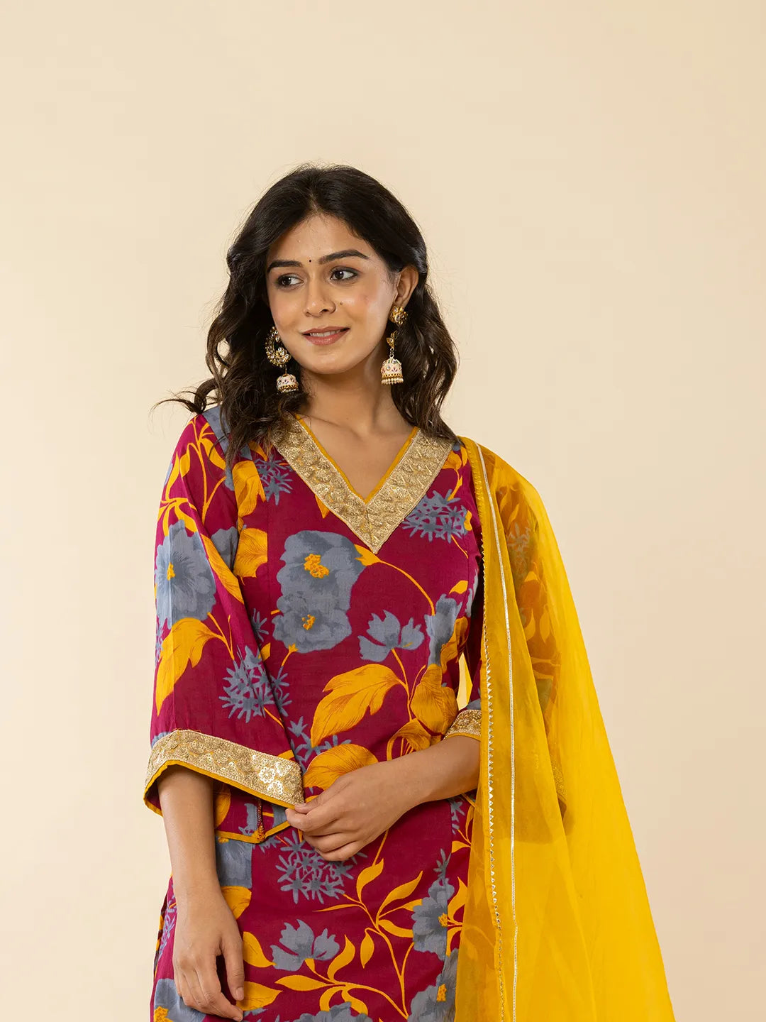 Yufta Cotton Burgundy Kurta Pant Dupatta Set