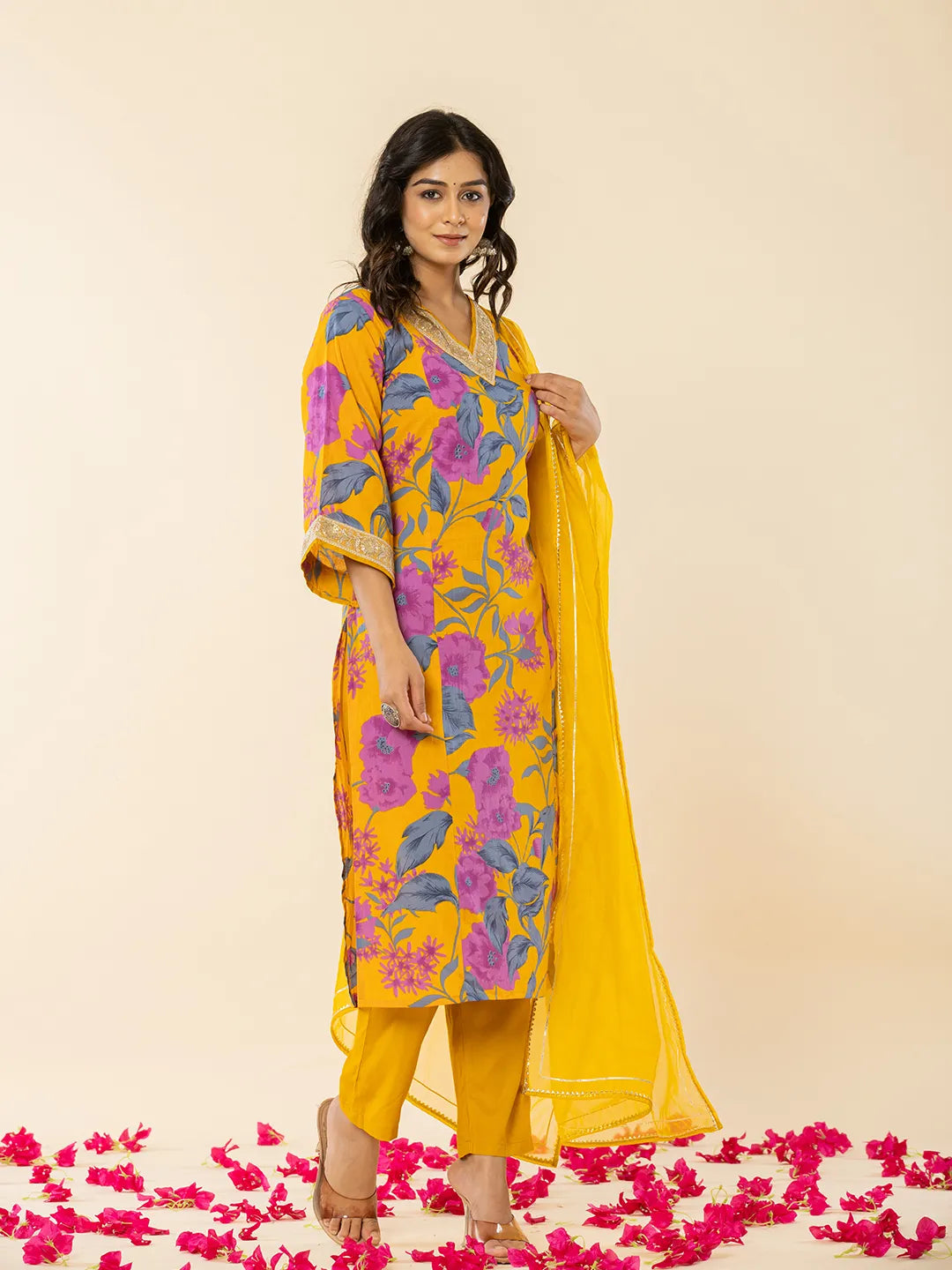 Yufta Cotton Mustard Kurta Pant Dupatta Set