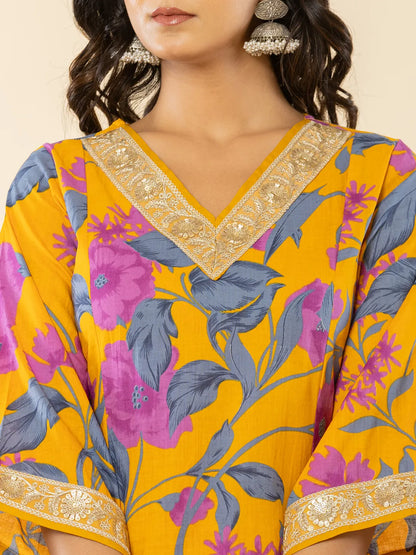 Yufta Cotton Mustard Kurta Pant Dupatta Set