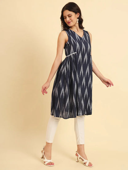 Yufta Ikat Cotton Blue Workwear Kurta With Lace Detailing