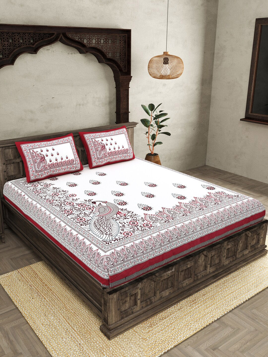 JAIPUR FABRICWhite Red Ethnic Motifs Cotton 250 TC King Bedsheet With 2 Pillow Covers