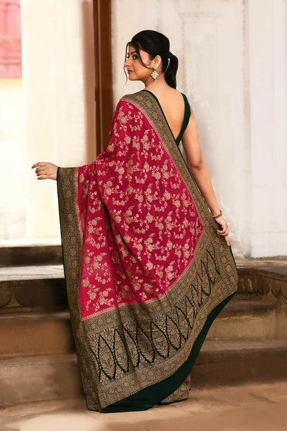 Joban Fashion Hot Pink Crepe Chiffon Pure Handloom Banarasi Silk Saree