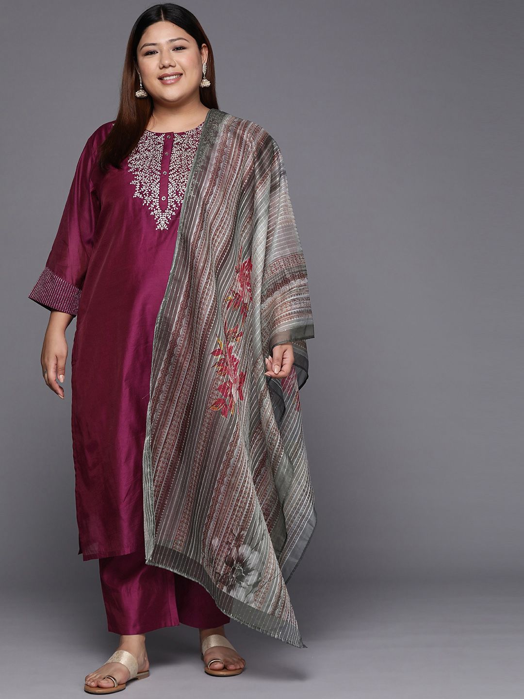 Sztori Plus Size Yoke Design Regular Sequinned Chanderi Silk Kurta & Trousers With Dupatta