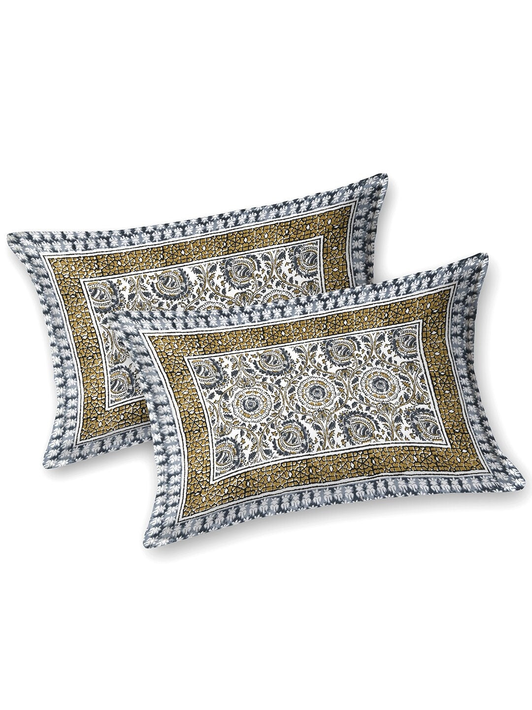 BELLA CASA Ethic White & Blue Printed Cotton 180 TC King Bedsheet with 2 Pillow Covers
