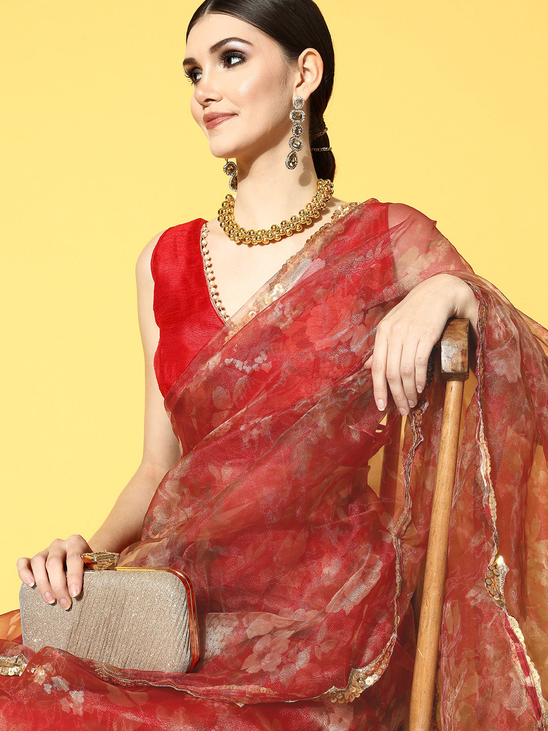 Tikhi Imli Red Floral Sequinned Organza Saree