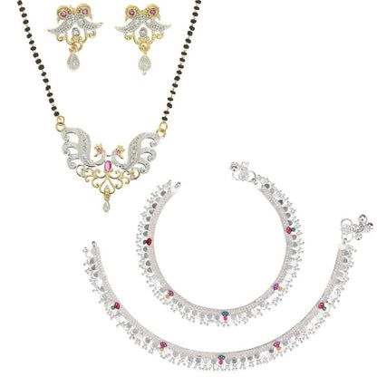 AanyaCentric Gold-Polished Mangalsutra Pendant Earring Set & Silver Plated Anklet
