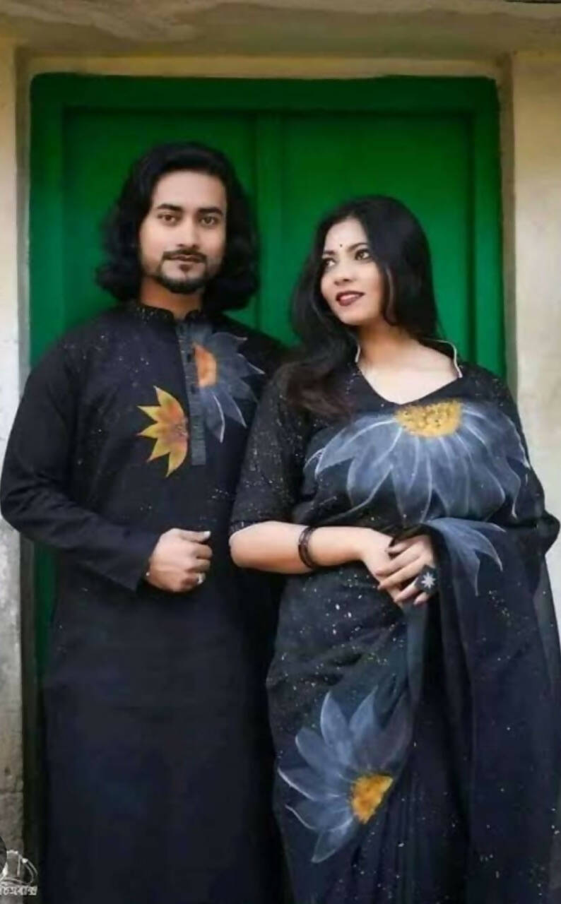 Exclusive Collection Elegant Hand Printing Designe On Pure Cotton Saree And Men's Kurta - Black