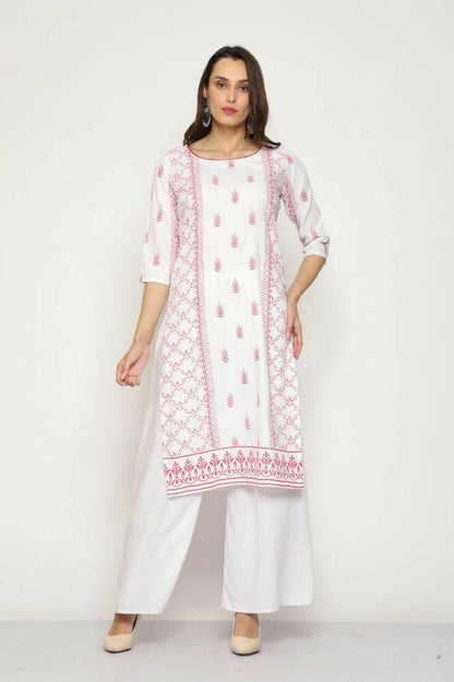 Maai Rayon Hand Printed Kurta Off-White