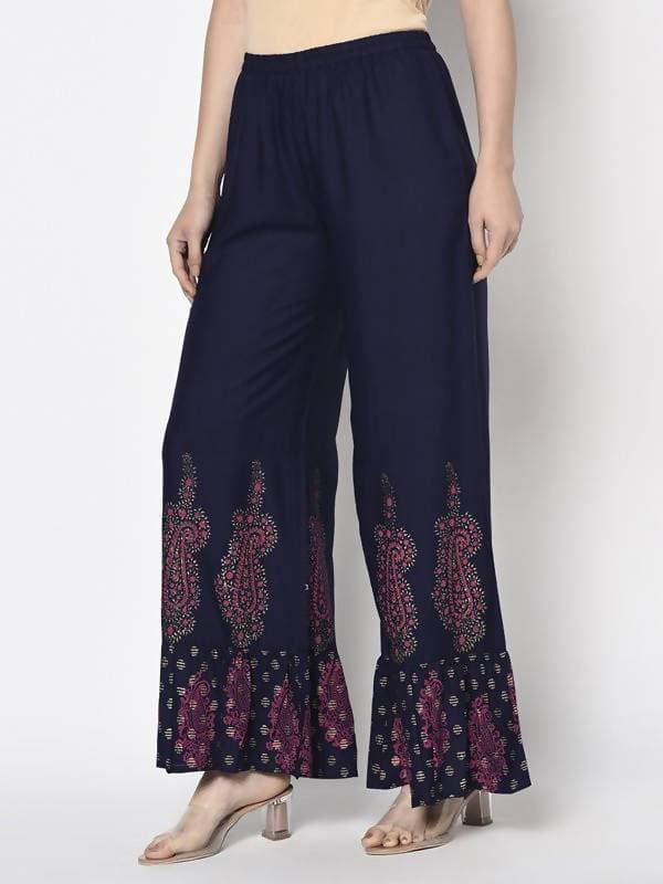 Aniyah Rayon Navy Blue Color Block Print Flared Slip-On Palazzo (AN-216K)