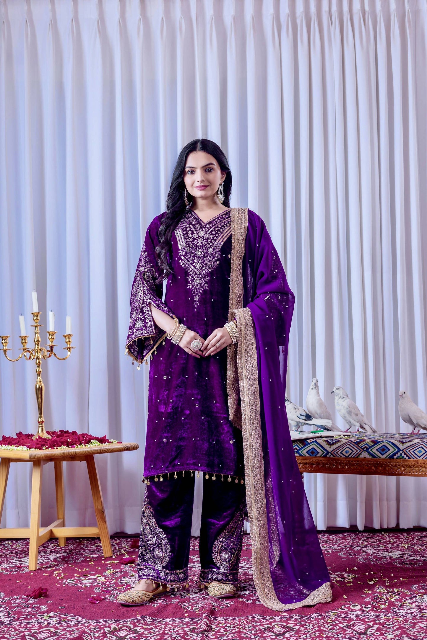 Teeya Creation Purple Color Velvet Silk Embroidery Work Party Wear Suit