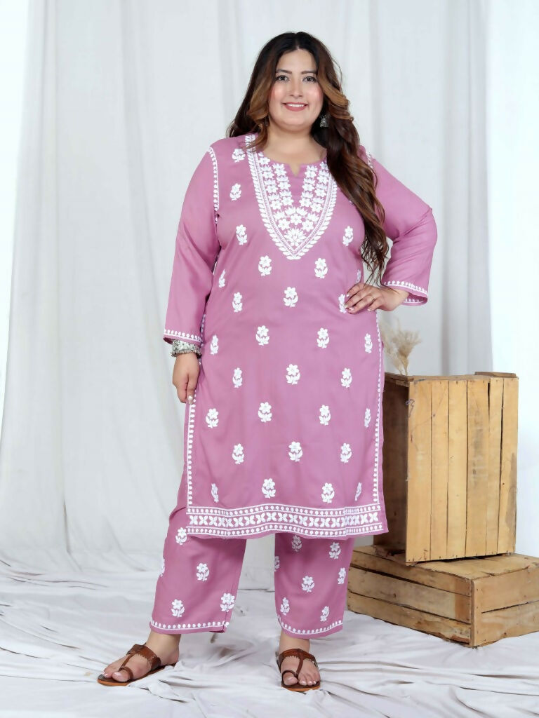 Miravan Women's Plus Size Chikankari Embroidery Pink Straight Kurta And Palazzo Set
