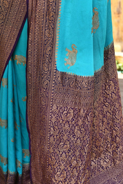 Joban Fashion Sky Blue Crepe Chiffon Pure Handloom Banarasi Silk Saree
