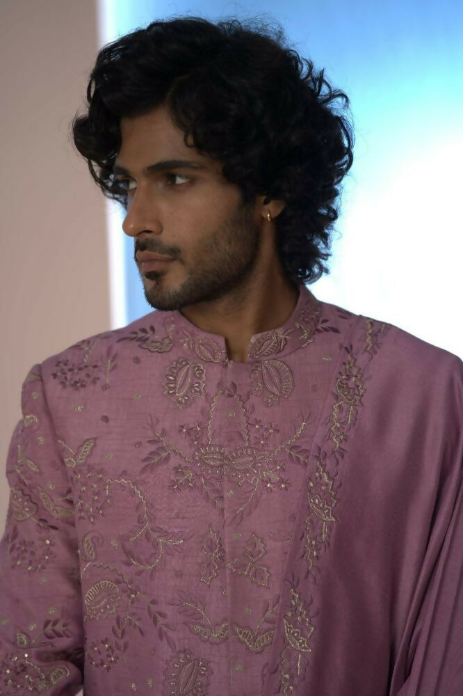 Majestic Orchid Falling Raw Silk Sherwani Set With Intricate Embroidery And Draped Dupatta by Hilo Design