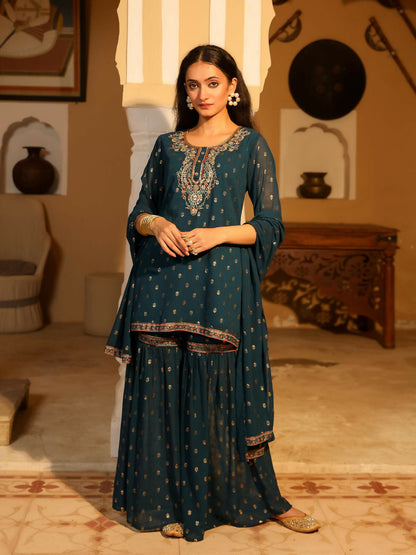 Juniper Women's The Swarn Teal Ethnic Motif Printed Georgette Kurta Pant And Dupatta With Sequins & Zari Work
